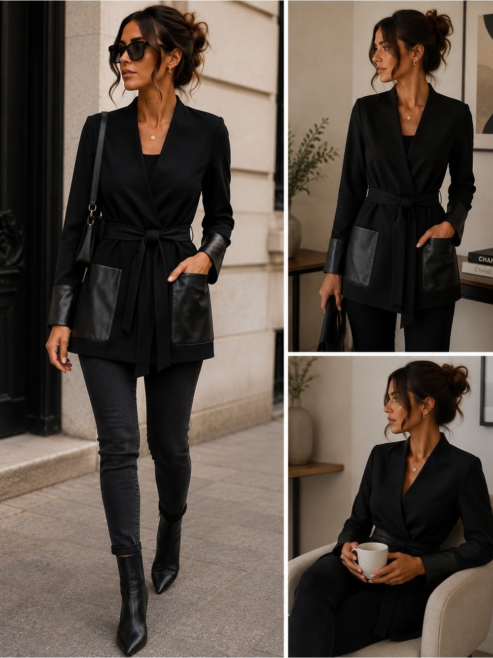 Calvin Klein Black Belted Blazer with Faux Leather Trim